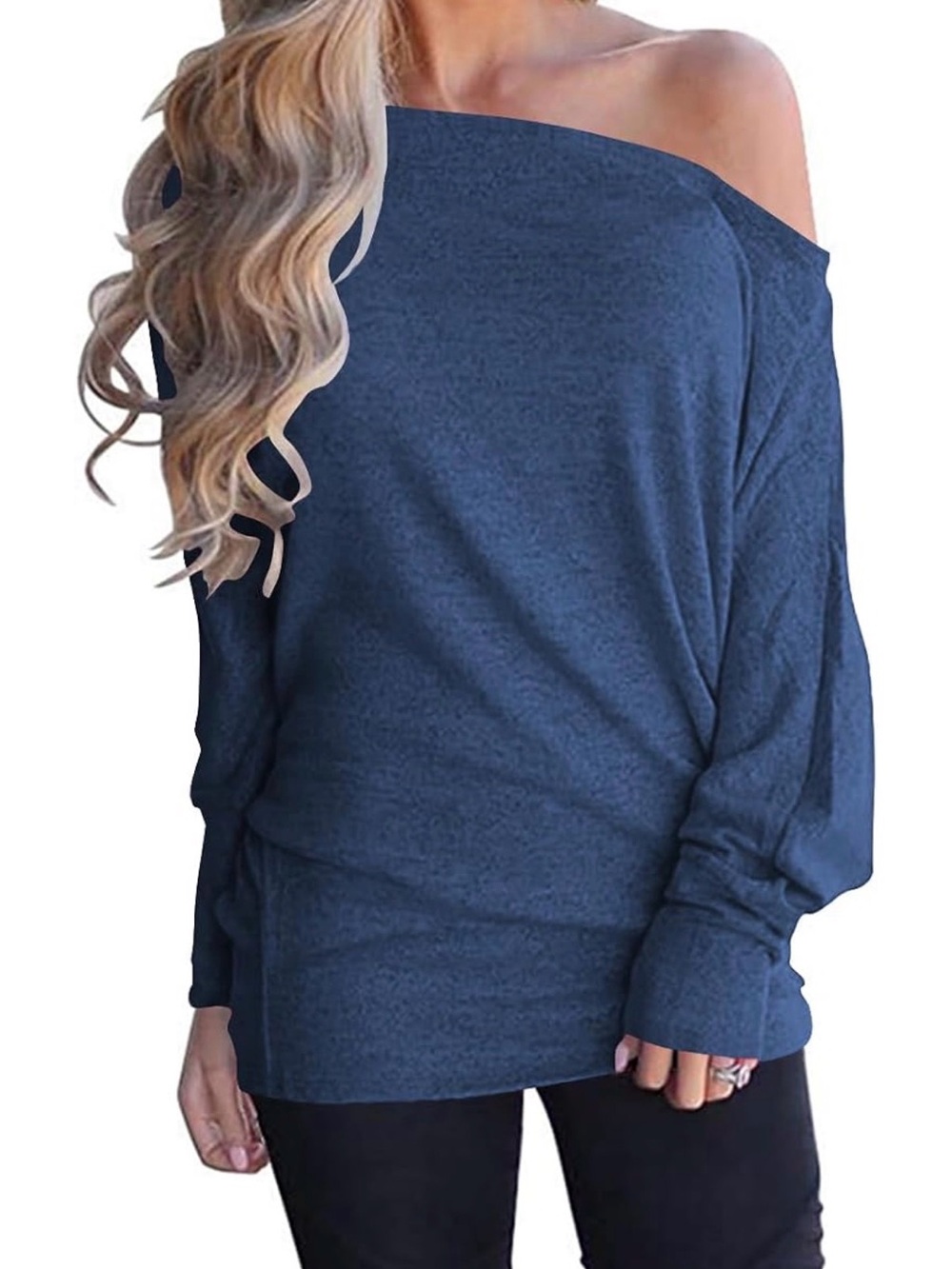 Poetsky - Amazon Off-Shoulder Long Sleeve Top in Navy Blue